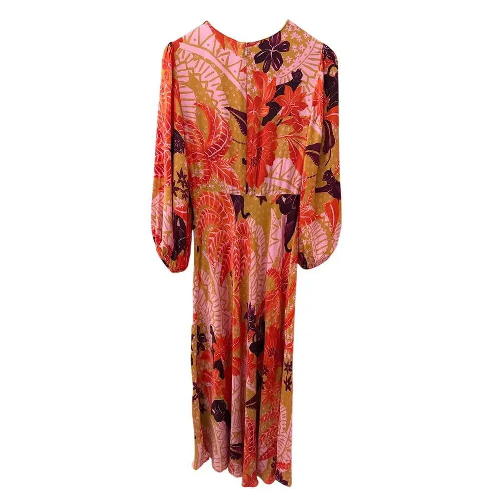 Farm Rio Puff-Sleeve Cutout Slip Maxi Dress Jungle Panther Size Medium - Picture 5 of 10